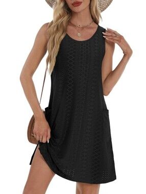 BKRIVE Black Eyelet Embroidered Sleeveless Tank Mini Shift CoverUp Dress S L NEW